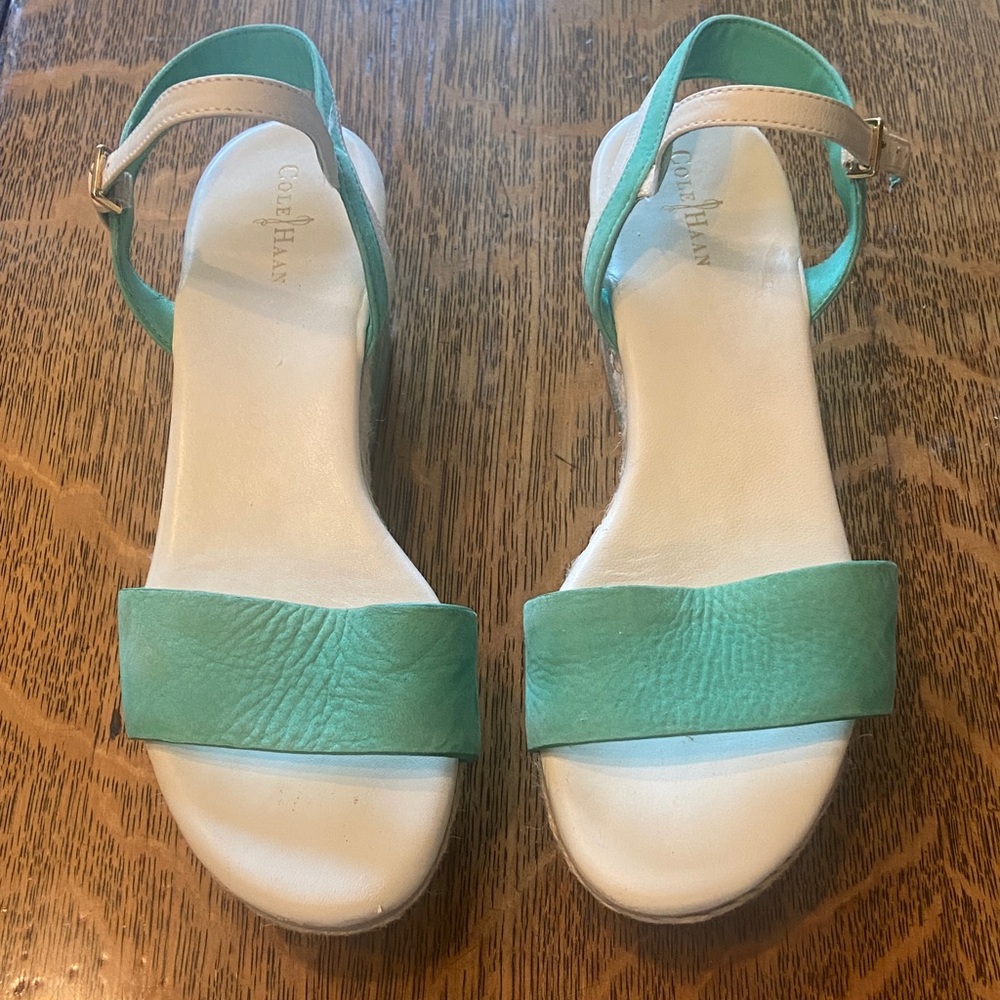 Cole Haan Mint Green Leather Open-Toe Slingback Sandals with Cream Footbed